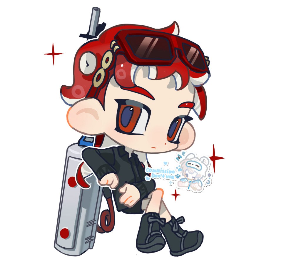 1boy black_footwear black_shirt black_shorts blush boots chibi choppy_bangs closed_mouth collared_shirt commentary commission crossed_legs e-liter_4k_(splatoon) english_commentary expressionless eyewear_on_head gun long_hair long_sleeves looking_at_viewer male_focus octoling octoling_boy p-pepper pointy_ears red-framed_eyewear red_eyes redhead shirt short_shorts shorts simple_background solo sparkle splatoon_(series) suction_cups sunglasses tentacle_hair weapon white_background