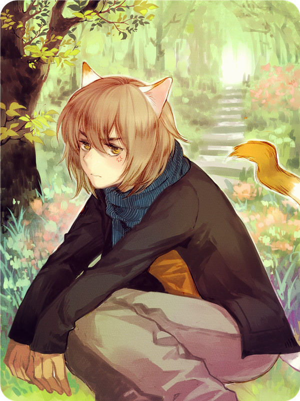 1boy anger_vein animal_ears black_jacket blue_scarf cat_boy cat_ears cat_tail closed_mouth commentary forest from_side grass jacket konoe_(lamento) lamento light_brown_hair looking_at_viewer male_focus nature open_clothes open_jacket orange_shirt outdoors pants scarf shirt short_hair solo squatting stairs tail tree twinklelinda90625 upper_body white_pants yellow_eyes