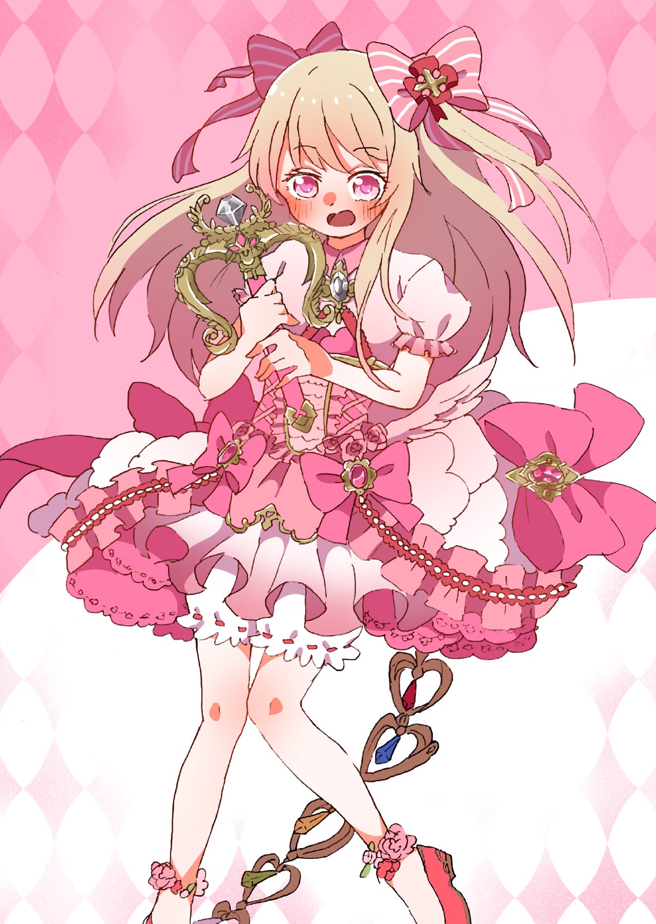 1girl blonde_hair bloomers blush chaos_marie_(grimms_notes) cleavage_cutout clothing_cutout dress flower frilled_dress frills gradient_hair grimms_notes hair_ribbon heart heart-shaped_pupils highres holding holding_weapon jewelry long_hair multicolored_hair open_mouth pendant pink_background pink_eyes puffy_short_sleeves puffy_sleeves red_footwear ribbon rose shoes short_sleeves solo symbol-shaped_pupils wand wataru_pic weapon white_background wings