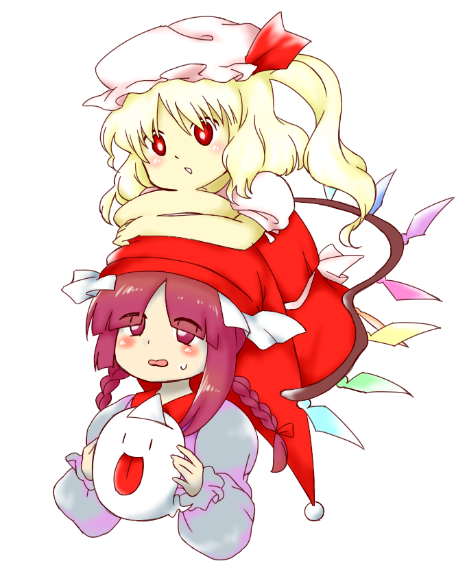 2girls bakebake_(touhou) blonde_hair blush braid bright_pupils crossed_arms ex-rika eyes_visible_through_hair flandre_scarlet ghost hat hat_ribbon jester_cap long_hair long_sleeves looking_at_another mob_cap multiple_girls nonamejd official_style on_head open_mouth parted_bangs puffy_long_sleeves puffy_short_sleeves puffy_sleeves red_eyes red_headwear red_ribbon redhead ribbon rika_(touhou) short_sleeves side_ponytail simple_background touhou touhou_(pc-98) twin_braids white_background white_headwear white_pupils wings zun_(style)