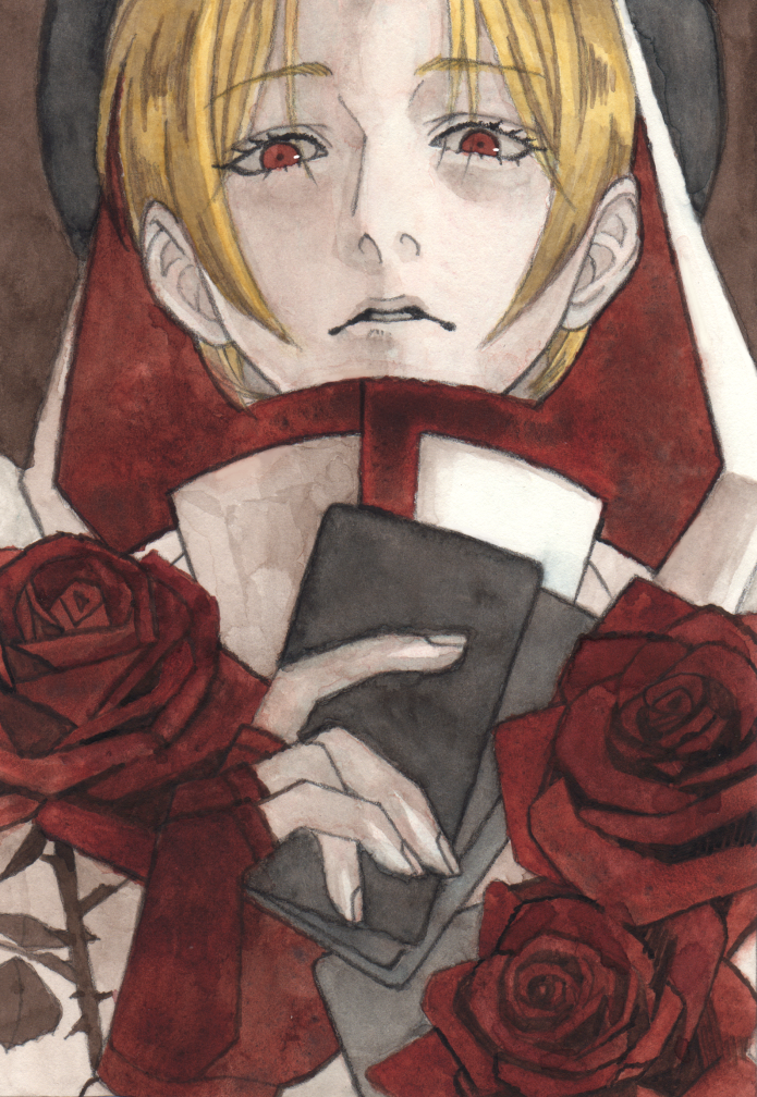 1boy archangel_(baroque) baroque_(series) black_halo blonde_hair card fingerless_gloves flower gloves halo high_collar holding holding_card looking_at_viewer male_focus painting_(medium) parted_bangs parted_lips red_eyes red_flower red_gloves red_rose robe rose solo traditional_media upper_body watercolor_(medium) white_robe yumeno_sanagi_(pupanimus)
