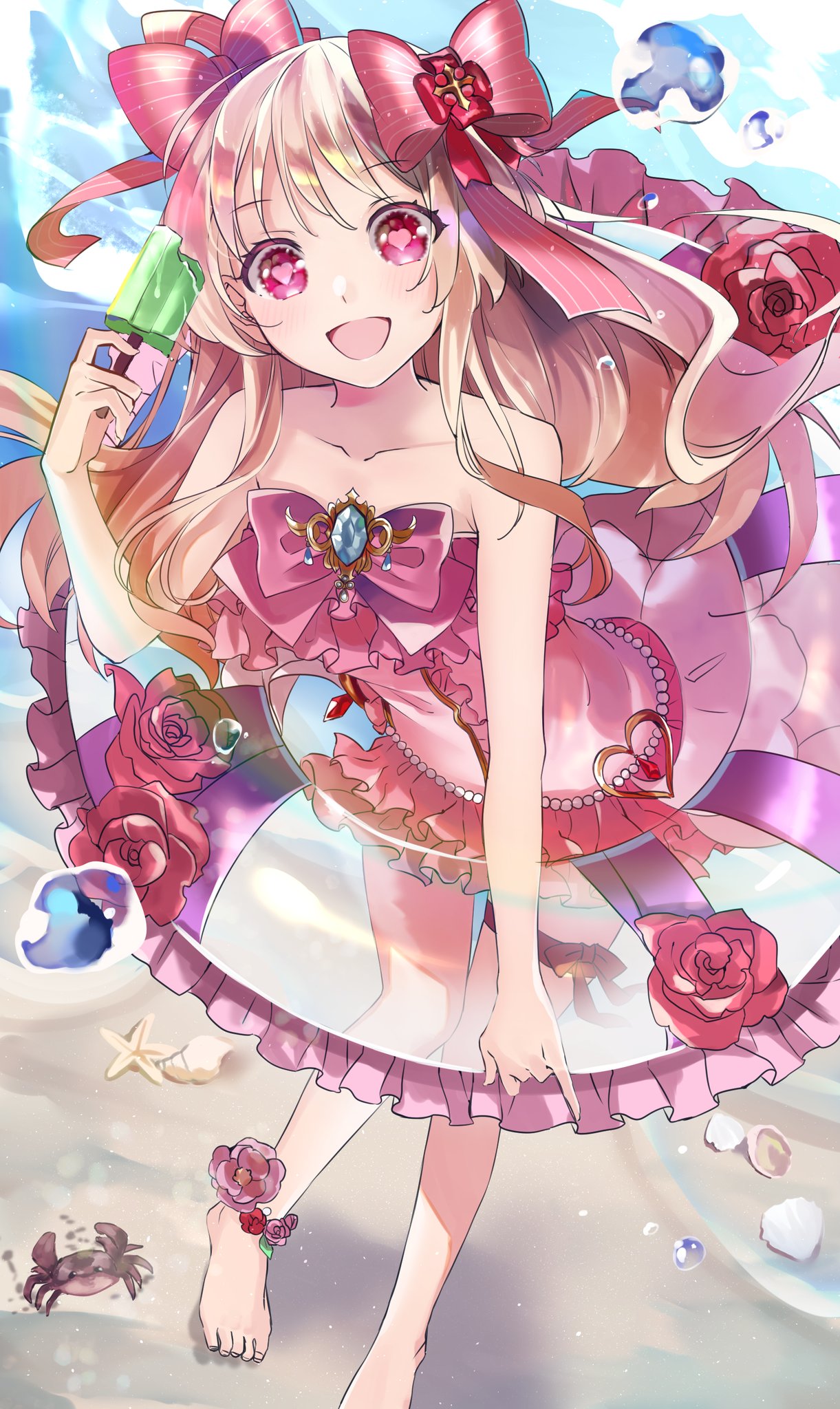 1girl alternate_costume bad_id bad_twitter_id bare_shoulders barefoot beach blonde_hair chaos_marie_(grimms_notes) collarbone crab flower grimms_notes hair_ribbon heart heart-shaped_pupils highres ice_cream_bar jewelry long_hair open_mouth pendant pink_eyes ribbon rose shunka_tunacan smile solo swimsuit symbol-shaped_pupils