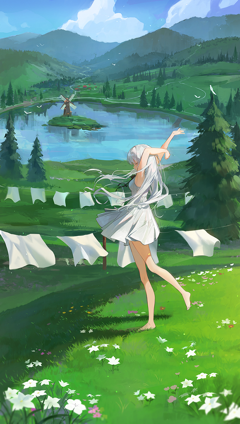 1girl arms_up bare_arms bare_legs barefoot bird blue_sky closed_eyes clothesline clouds daby dress drying drying_clothes feet field flower grass grey_hair highres hill island lake nature on_grass original river scenery sky solo sundress toes tree valley white_dress windmill
