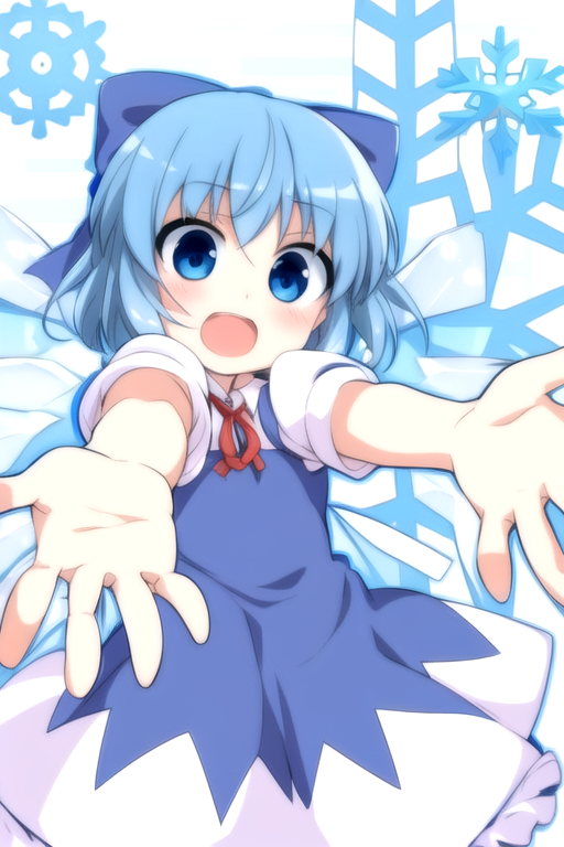1girl ai_generated aqua_background bangs blue_bow blue_dress blue_eyes blue_hair blue_wings blush cirno collar collared_shirt eyebrows_visible_through_hair flat_chest ice ice_fairy open_mouth puffy_short_sleeves puffy_sleeves red_ascot short_hair snowflake_background solo touhou upper_teeth upper_teeth_only white_background white_dress white_sleeves