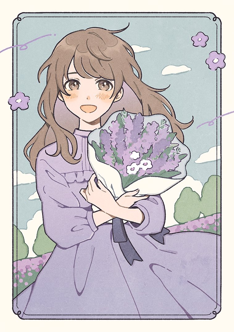 1girl :d blush border bouquet brown_eyes brown_hair clouds commentary_request cowboy_shot dress flower holding holding_bouquet long_hair long_sleeves looking_at_viewer nahara_saki open_mouth original ornate_border purple_dress purple_flower smile solo split_mouth standing white_flower wind yellow_border