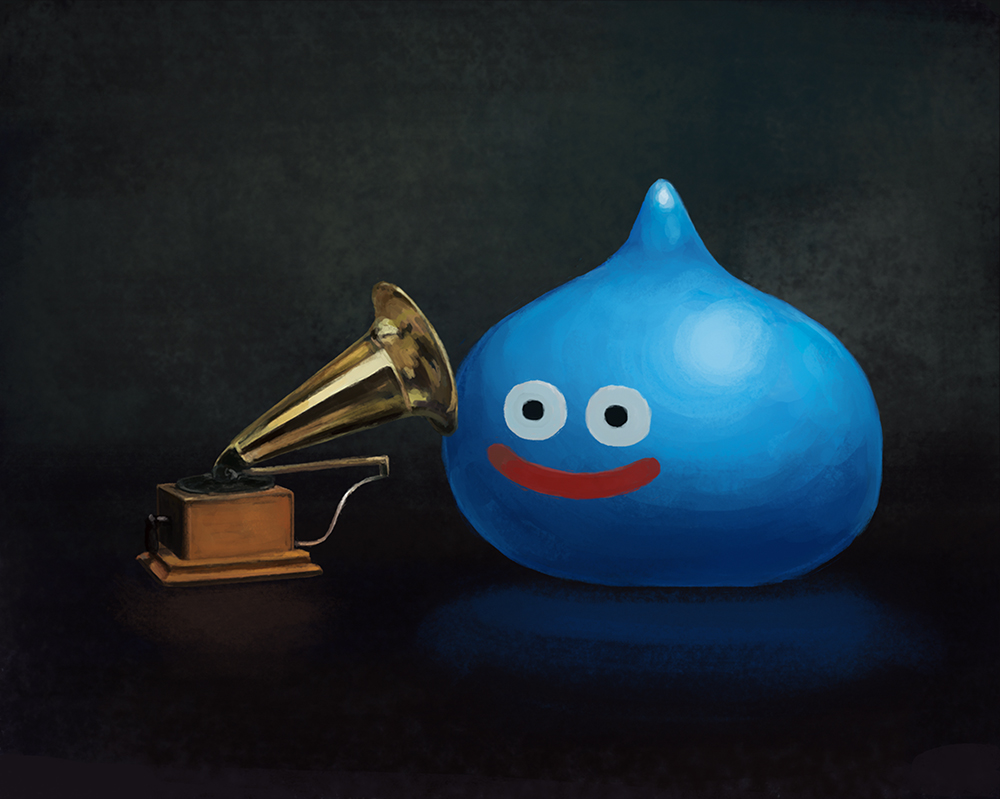 1other dragon_quest fine_art_parody his_master's_voice monster nipper parody phonograph plusma slime_(creature) slime_(dragon_quest) smile solo