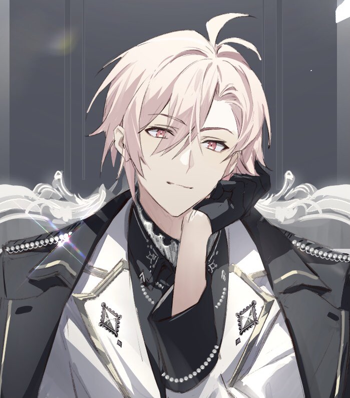 1boy ahoge black_coat black_gloves black_shirt closed_mouth coat coat_on_shoulders collar_chain_(jewelry) collared_shirt curtained_hair eyes_visible_through_hair frilled_shirt_collar frills glint gloves hair_between_eyes half_gloves head_rest idolish7 jacket kujou_tenn lapel_pin lapels loladestiny long_sleeves looking_at_viewer male_focus notched_lapels pink_eyes pink_hair shirt short_hair silver_trim sleeve_cuffs solo white_jacket
