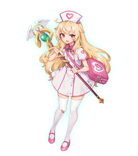 1girl backpack bag bandaid bandaid_on_knee bandaid_on_leg blonde_hair breasts dress full_body game_cg hat holding holding_weapon little_witch_nobeta long_hair looking_at_viewer nobeta non-web_source nurse nurse_cap official_art open_mouth pink_footwear red_eyes shoes short_dress short_sleeves shoulder_bag simple_background small_breasts solo staff standing thigh-highs transparent_background very_long_hair weapon white_dress white_headwear white_thighhighs zettai_ryouiki
