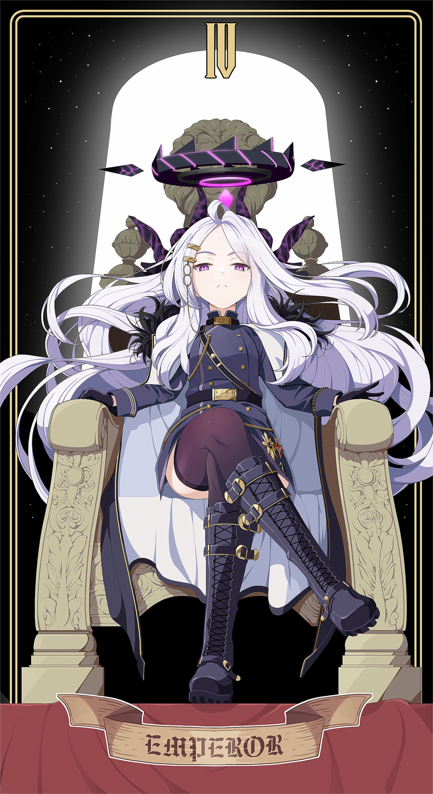1girl black_footwear black_horns black_jacket blue_archive closed_mouth commentary_request demon_horns forehead high-low_skirt high_heels highres hina_(blue_archive) horns jacket koflif long_hair long_sleeves multiple_horns solo tarot the_emperor_(tarot) very_long_hair violet_eyes white_hair