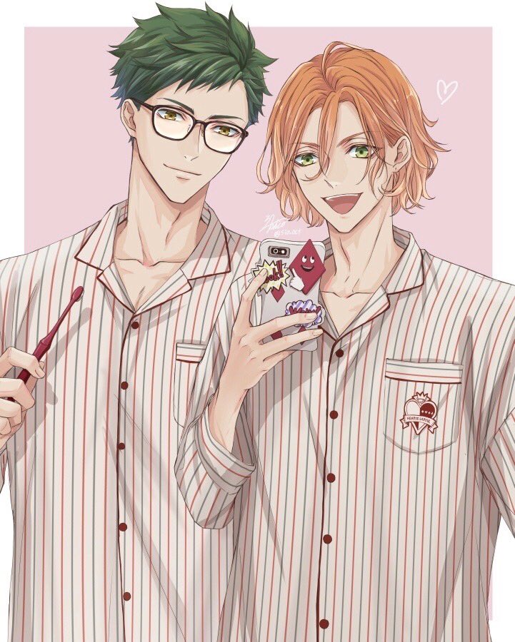 2boys alternate_costume cater_diamond cellphone closed_mouth commentary_request glasses green_eyes green_hair heart holding holding_phone holding_toothbrush long_sleeves looking_at_viewer messy_hair multiple_boys okurabaakaa open_mouth orange_hair pajamas pectoral_cleavage pectorals phone pink_background signature simple_background smile striped_clothes striped_pajamas toothbrush trey_clover twisted_wonderland twitter_username upper_body white_background yellow_eyes