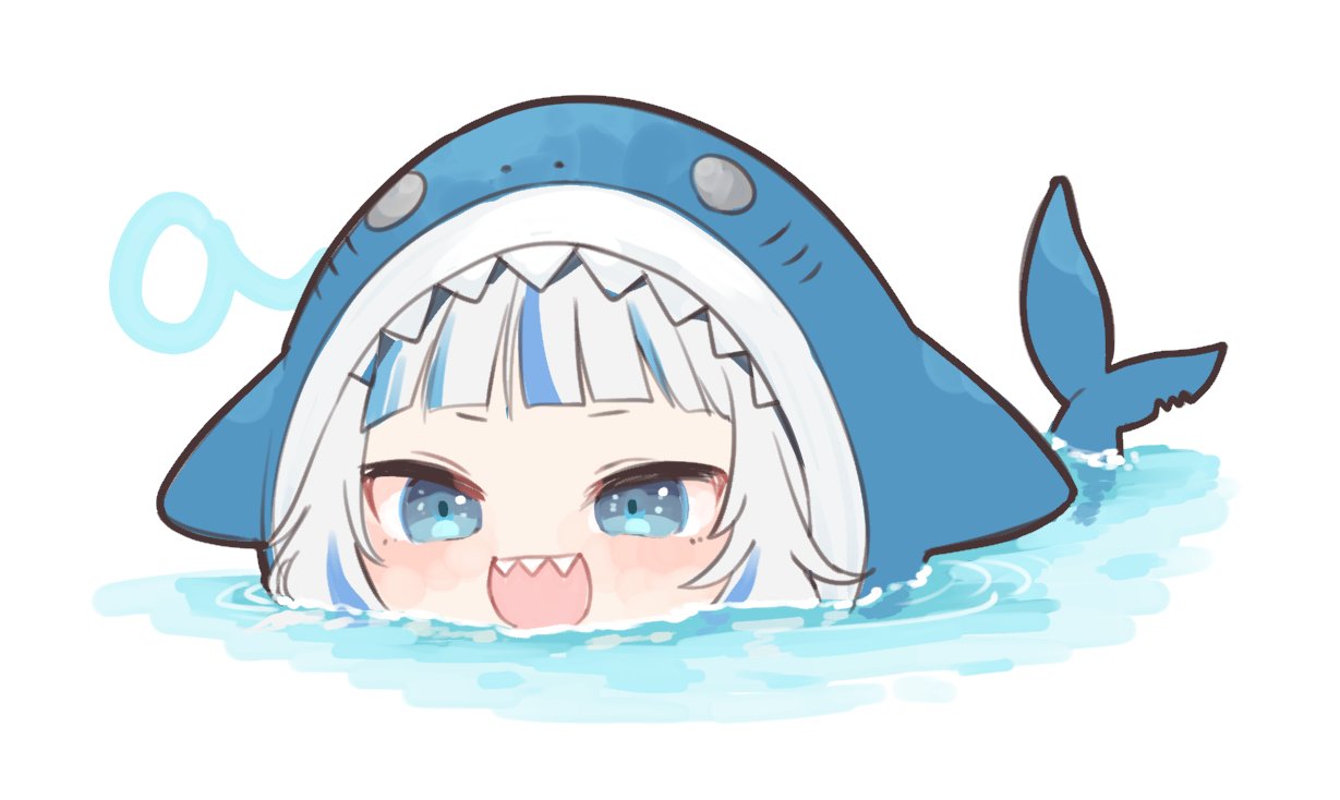 1girl a_(phrase) animal_hood blue_eyes blue_hair blunt_bangs blush chibi commentary_request fins fish_tail gawr_gura gawr_gura_(1st_costume) hololive hololive_english hood hood_up isuka looking_ahead multicolored_hair open_mouth shark_girl shark_hood shark_tail sharp_teeth solo streaked_hair swimming tail teeth two-tone_hair virtual_youtuber water white_hair
