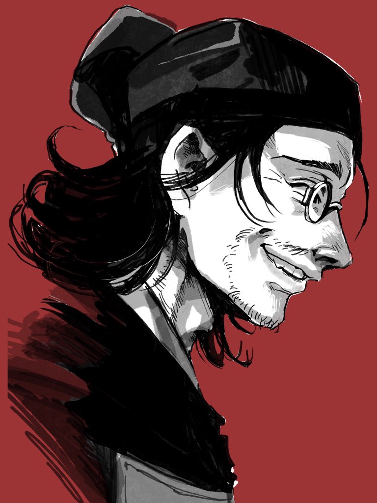 1boy chinese_clothes facial_hair flipped_hair from_side glasses greyscale_with_colored_background grin hat kowaketa kusuriya_no_hitorigoto lakan_(kusuriya_no_hitorigoto) male_focus mustache_stubble portrait profile red_background short_hair simple_background smile solo stubble