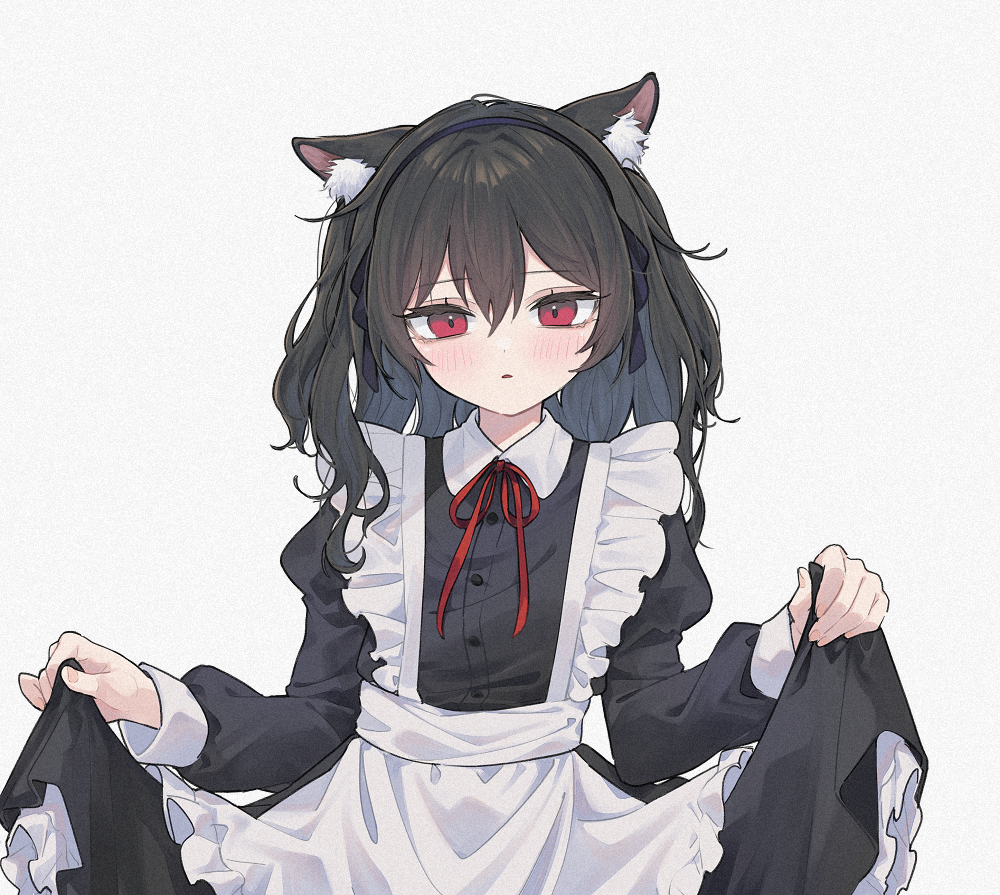 1girl animal_ear_fluff animal_ears apron black_dress black_hair black_hairband blush collared_dress commentary_request dress frilled_apron frills grey_background hair_between_eyes hairband juliet_sleeves long_hair long_sleeves mimelond neck_ribbon original parted_lips puffy_sleeves red_eyes red_ribbon ribbon simple_background skirt_hold solo two_side_up white_apron