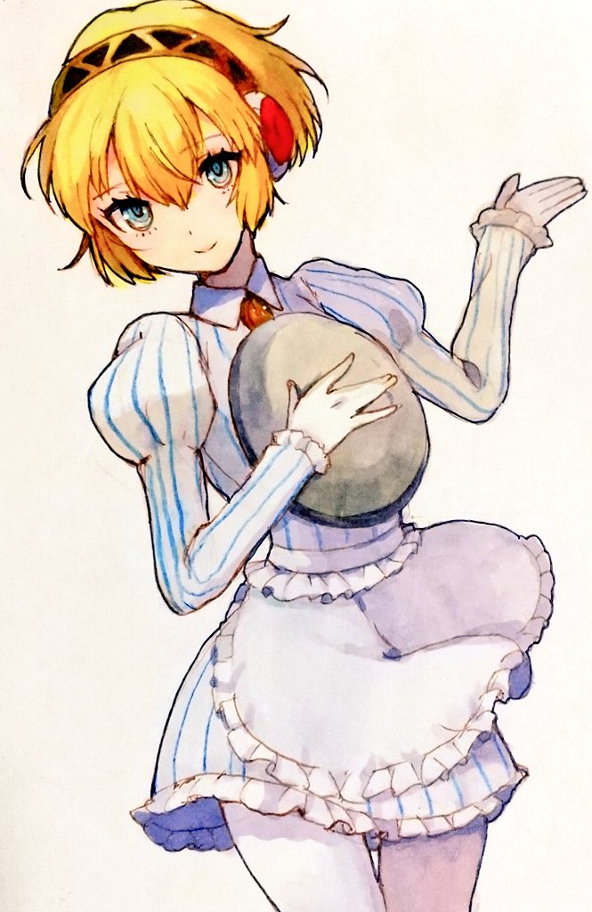 1girl aegis_(persona) android apron blonde_hair blue_eyes closed_mouth dress hair_between_eyes hairband holding holding_tray juliet_sleeves kanna_nijiniji long_sleeves looking_at_viewer pantyhose persona persona_3 puffy_sleeves short_hair smile solo tray waist_apron white_apron white_background white_dress white_pantyhose