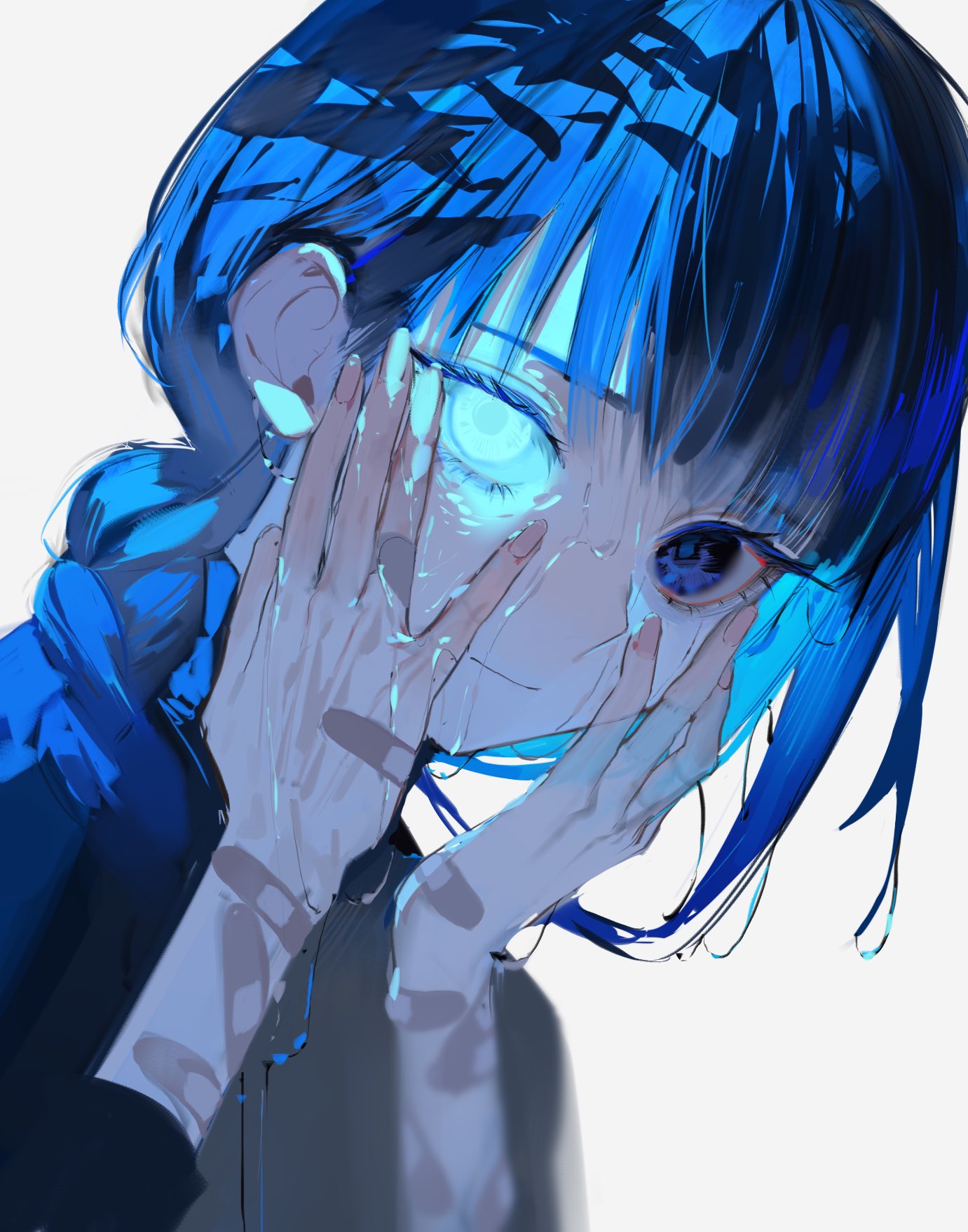 1girl bandaid bandaid_on_arm bandaid_on_hand blue_eyes blue_hair braid closed_mouth expressions glowing glowing_eye hands_on_own_face heterochromia highres looking_at_viewer mizumi_zumi original portrait side_braid simple_background solo wet white_background