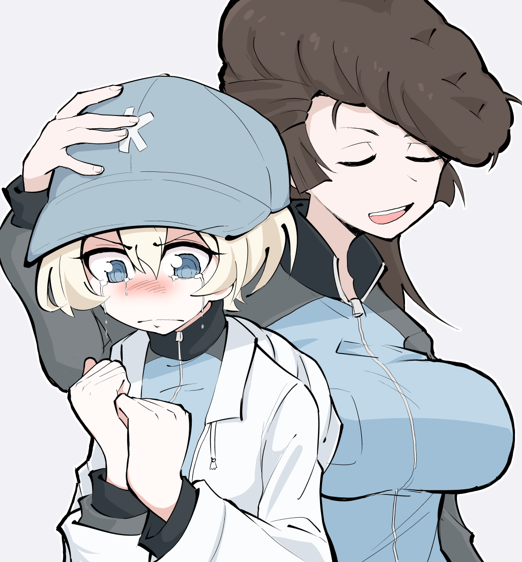 2girls baseball_cap blue_eyes blue_headwear blue_jacket brown_hair closed_mouth coat comforting commentary crying crying_with_eyes_open frown girls_und_panzer grey_background hand_on_another's_head hat hood hood_down hooded_coat jacket keizoku_military_uniform long_hair long_sleeves military_uniform multiple_girls nuka_cola06 open_clothes open_coat open_mouth pompadour raglan_sleeves short_hair simple_background smile tears track_jacket uniform white_coat white_hair youko_(girls_und_panzer) yuri_(girls_und_panzer)