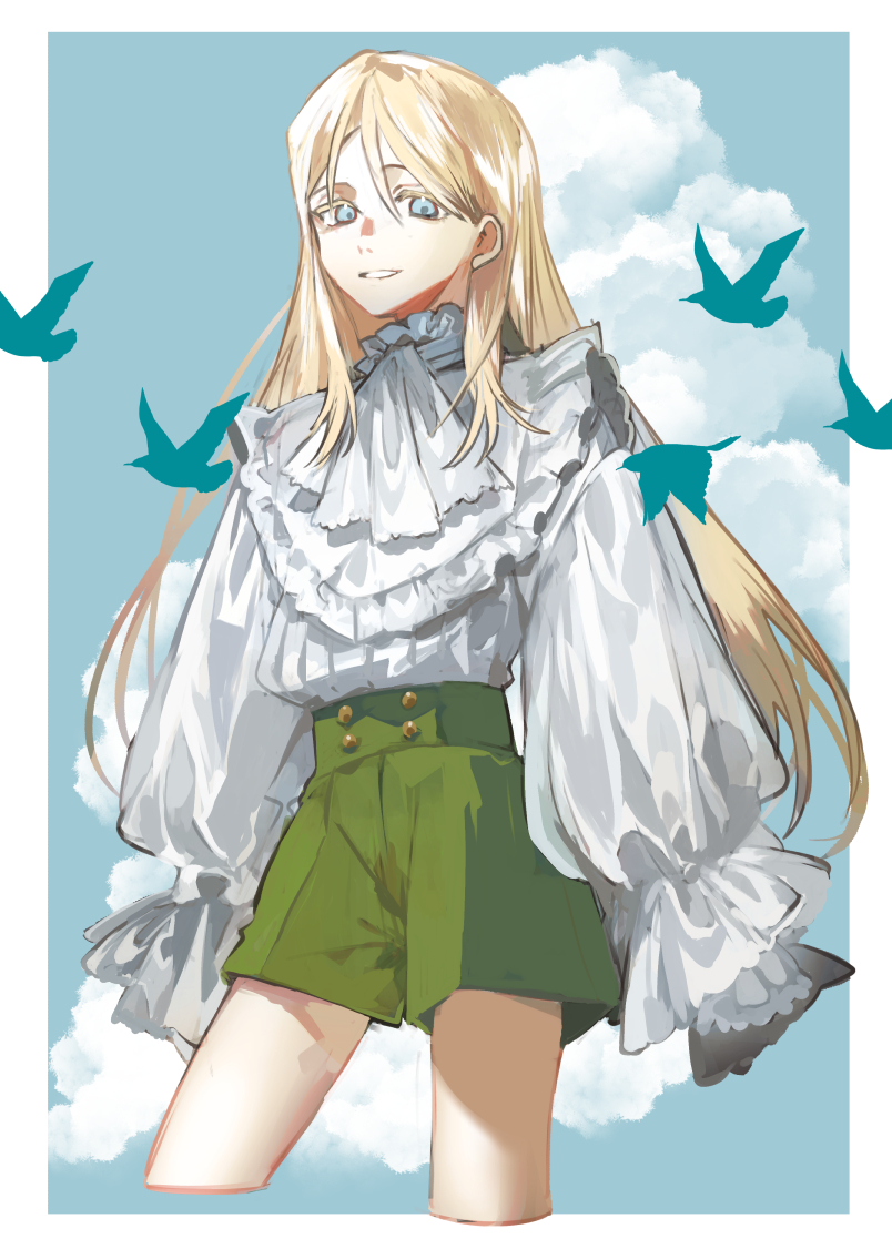 1boy androgynous ascot bird blonde_hair blue_eyes blue_sky border clouds cropped_legs day frilled_shirt frilled_shirt_collar frills green_shorts hair_between_eyes kyouichi long_hair looking_at_viewer male_focus original outside_border parted_lips shirt shorts sky sleeves_past_fingers sleeves_past_wrists solo standing white_ascot white_border white_shirt