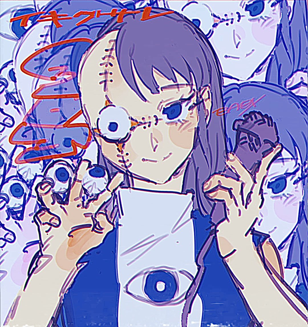 1girl asymmetrical_hair babibu_baby between_fingers blue_eyes blue_hair blue_shirt closed_mouth collage_background commentary copyright_name cross_scar grey_shirt hands_up holding holding_eyeball holding_microphone ikigusare long_hair looking_at_viewer microphone nigou_(ikigusare) print_shirt purple_hair recurring_image scar scar_across_eye shirt sidecut signature sleeveless sleeveless_shirt smile solo stitched_face stitches turtleneck two-tone_shirt undercut uneven_eyes upper_body zoom_layer