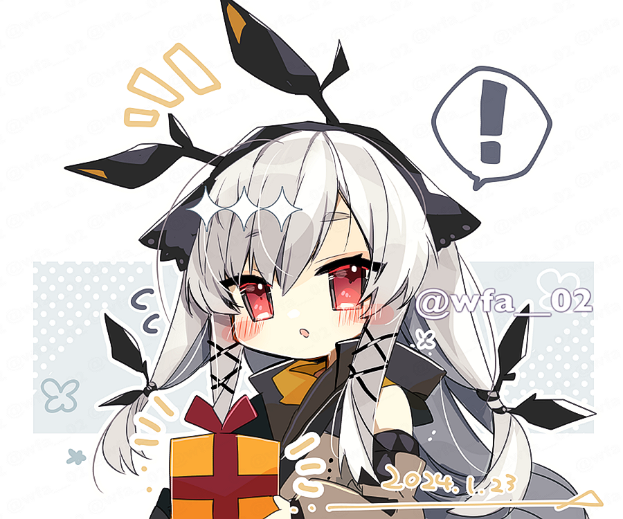 ! 1girl arknights blush box commentary_request dated gift gift_box grey_hair hair_ornament itsuki_02 long_hair low-tied_long_hair notice_lines open_mouth red_eyes sidelocks solo speech_bubble spoken_exclamation_mark weedy_(arknights) x_hair_ornament