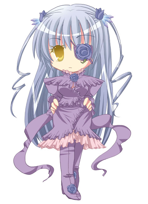 1girl barasuishou blue_tulip boots breasts chibi closed_mouth commentary_request crossed_legs crystal_hair_ornament expressionless flower flower_eyepatch frilled_shirt frilled_skirt frills full_body grey_hair hair_flower hair_ornament hands_on_own_hips juliet_sleeves lolita_fashion long_hair long_sleeves looking_at_viewer medium_bangs medium_breasts morinaga_hinase puffy_sleeves purple_flower purple_footwear purple_rose purple_shirt purple_skirt rose rozen_maiden shirt simple_background skirt solo standing thigh_boots tulip very_long_hair watson_cross white_background yellow_eyes