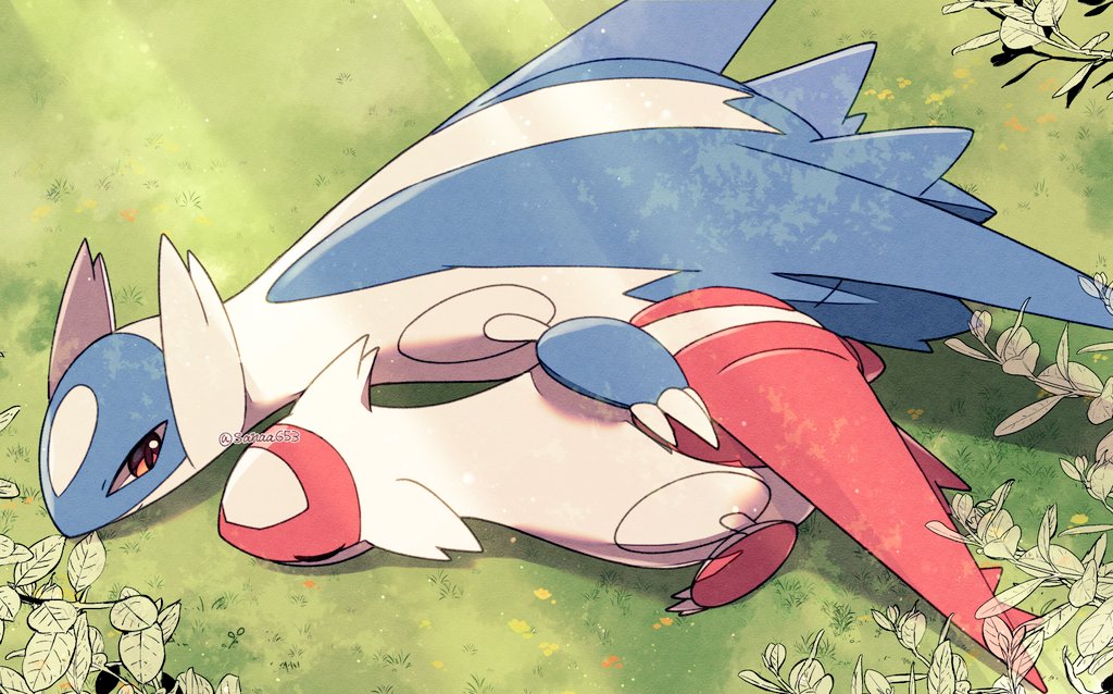 artist_name bird_tail claws closed_eyes commentary latias latios leaf lying no_humans on_grass on_stomach pokemon pokemon_(creature) sana_(sanaa653) sunlight tail twitter_username wings