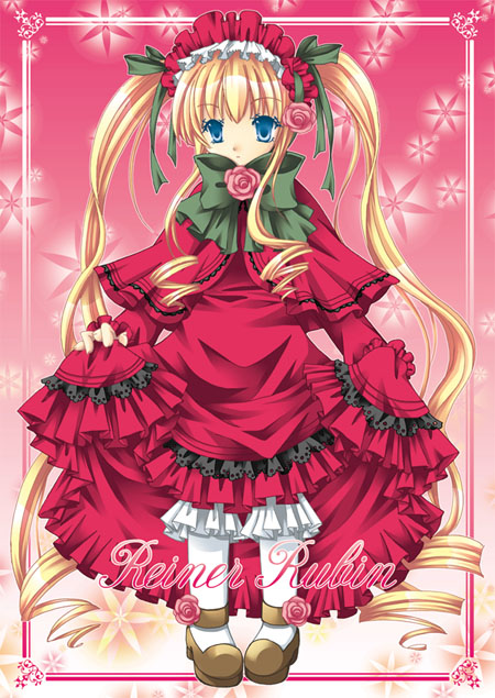 1girl blonde_hair bloomers blue_eyes bow bowtie brown_footwear capelet character_name closed_mouth commentary_request curtsey dress drill_hair drill_sidelocks expressionless flower flower_brooch footwear_flower frilled_dress frilled_sleeves frills full_body gradient_background green_bow green_bowtie headdress lolita_fashion long_dress long_hair long_sleeves looking_at_viewer medium_bangs morinaga_hinase pantyhose pink_background pink_flower pink_rose red_capelet red_dress rose rozen_maiden shinku shoes sidelocks solo twintails very_long_hair white_bloomers white_pantyhose
