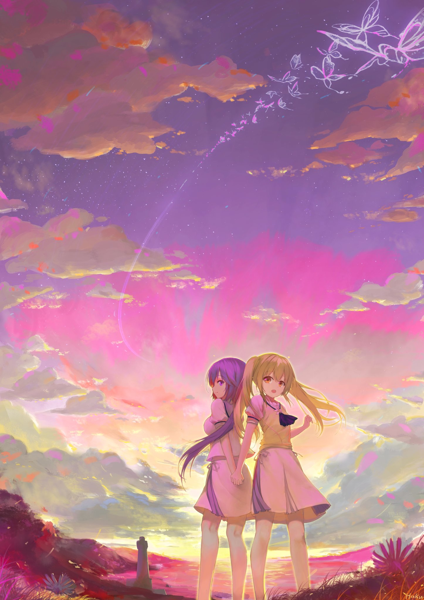 2girls ascot back-to-back backlighting black_ascot blonde_hair bug butterfly closed_mouth clouds commentary_request feet_out_of_frame floating_hair glowing_butterfly haku89 highres holding_hands interlocked_fingers lighthouse long_hair looking_at_viewer low_twintails mizuori_shizuku multiple_girls ocean open_mouth outdoors pink_sky puffy_short_sleeves puffy_sleeves purple_hair purple_sky scenery school_uniform shirt short_sleeves sideways_glance signature skirt sky smile standing summer_pockets sunset sweater_vest tsumugi_wenders twintails very_long_hair white_shirt white_skirt wide_shot wind yellow_sweater_vest