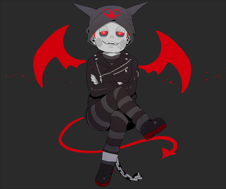 1boy animal_ear_headwear animal_ears beanie black_background blush_stickers boots buttons cat_ears chain cigarette collared_jacket commentary_request crossed_arms crossed_legs cuffs danganronpa_(series) danganronpa_v3:_killing_harmony demon_tail demon_wings evil_grin evil_smile fake_animal_ears full_body greyscale grin half-closed_eyes hat holding holding_cigarette hoshi_ryoma jacket kogarashi_8 leather leather_jacket long_sleeves looking_at_viewer male_focus monochrome mouth_hold open_mouth partial_commentary prison_clothes red_eyes red_wings redhead shackles sharp_teeth short_hair simple_background sitting smile solo spot_color striped_jumpsuit tail teeth two-tone_jumpsuit very_short_hair wings zipper zipper_pull_tab
