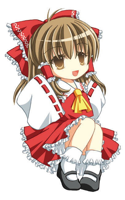 1girl :d ascot black_footwear bow brown_eyes brown_hair chibi collared_shirt commentary_request frilled_bow frilled_hair_tubes frilled_shirt_collar frilled_skirt frilled_socks frills full_body hair_bow hair_tubes hakurei_reimu long_hair looking_at_viewer mary_janes medium_bangs morinaga_hinase open_mouth red_bow red_shirt red_skirt ribbon-trimmed_sleeves ribbon_trim shirt shoes sidelocks simple_background skirt skirt_set sleeves_past_wrists smile socks solo touhou white_background white_sleeves white_socks yellow_ascot
