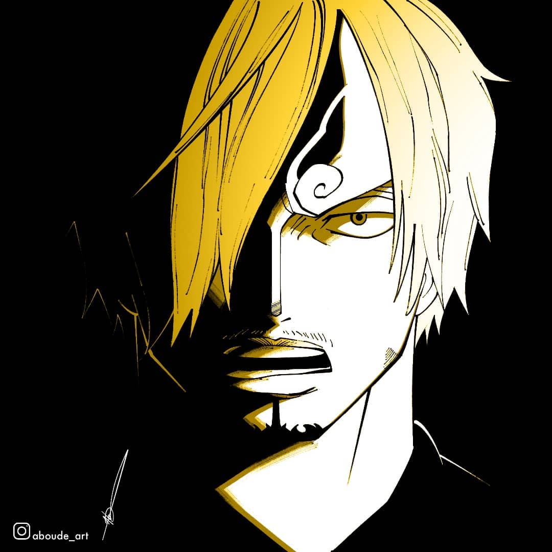 1boy aboude_art artist_name blonde_hair commentary curly_eyebrows facial_hair goatee hair_over_one_eye instagram_logo instagram_username limited_palette looking_at_viewer male_focus one_eye_covered one_piece open_mouth sanji_(one_piece) short_hair signature solo teeth