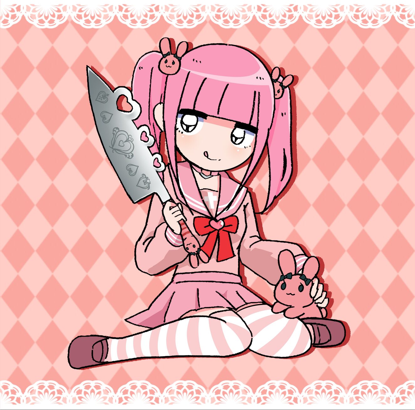 1girl :p animal argyle argyle_background black_eyes blunt_bangs blush bow bowtie ezaki_bisuko hair_ornament heart highres holding holding_knife holding_weapon knife menhera-chan_(ezaki_bisuko) menhera-chan_(ezaki_bisuko)_(character) pink_background pink_footwear pink_sailor_collar pink_serafuku pink_skirt pleated_skirt rabbit rabbit_hair_ornament red_bow red_bowtie sailor_collar school_uniform serafuku short_twintails skirt solo striped_clothes striped_thighhighs thigh-highs tongue tongue_out twintails weapon