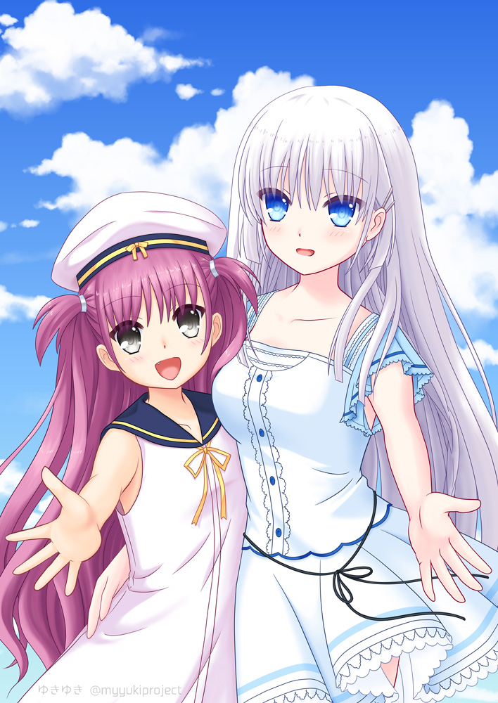 2020 2girls :d blue_eyes blue_sailor_collar blue_sky blunt_ends blush breasts center_frills clouds commentary_request cowboy_shot dated_commentary day dress fang frilled_dress frills grey_eyes hair_between_eyes hair_ornament hairclip happy hat height_difference hug katou_umi long_hair looking_at_viewer medium_breasts multiple_girls naruse_shiroha open_hand open_mouth outdoors outstretched_arm outstretched_hand purple_hair ribbon sailor_collar sailor_dress sailor_hat short_sleeves side-by-side sidelocks sky sleeveless sleeveless_dress smile summer_pockets twitter_username two_side_up very_long_hair white_dress white_hair white_headwear yellow_ribbon yukiyuki_(myyukiproject)