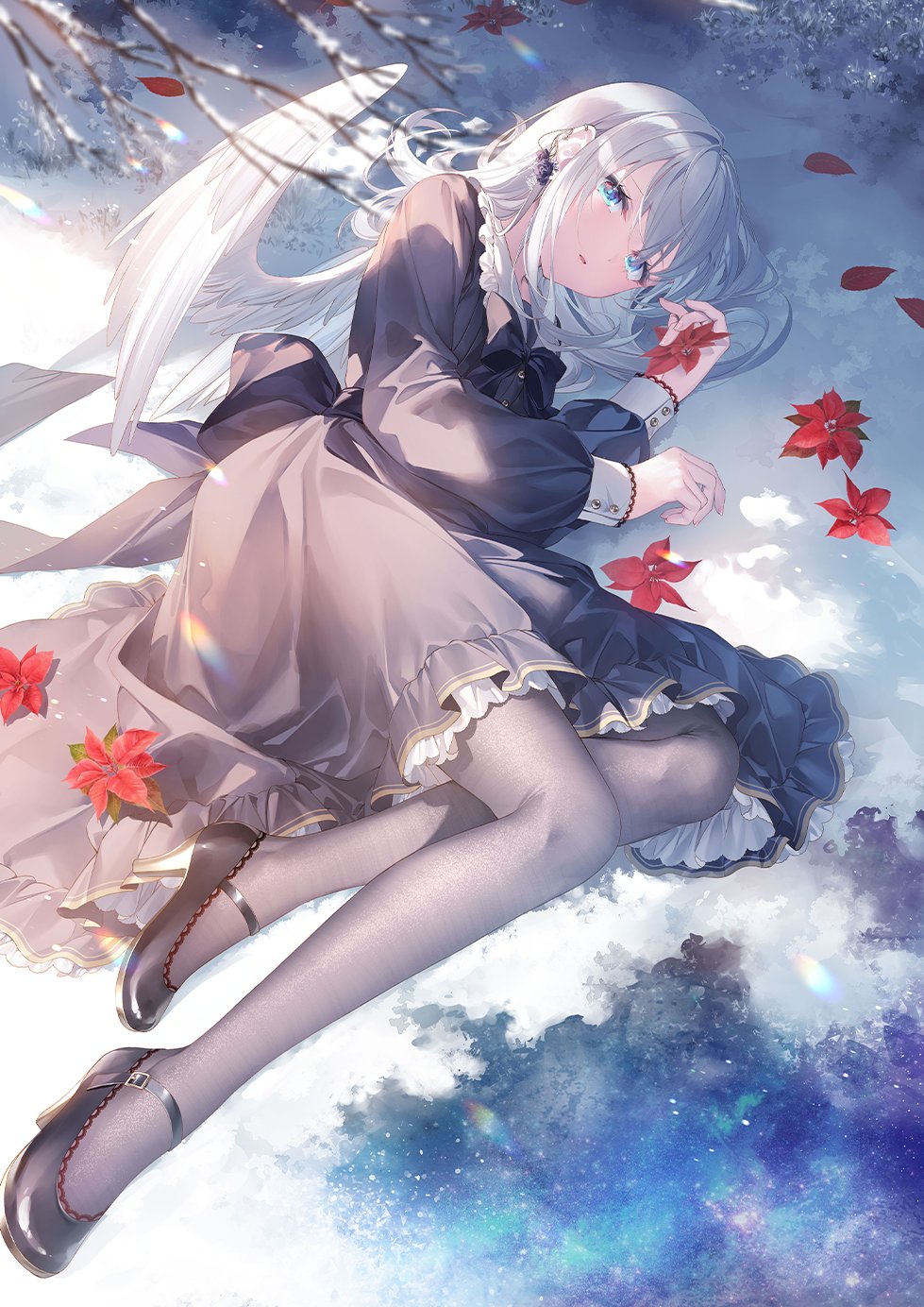 1girl back_bow black_bow black_bowtie black_dress black_footwear black_pantyhose blue_eyes bow bowtie ciel_(toosaka_asagi) dress feathered_wings frilled_dress frills full_body hair_over_one_eye highres long_hair long_sleeves looking_at_viewer lying mary_janes on_side original pantyhose parted_lips shoes snow solo toosaka_asagi white_hair white_wings wings