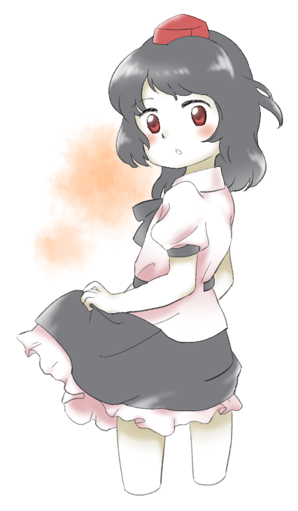 1girl blush chestnut_mouth clothes_lift cropped_legs flat_chest grey_hair grey_skirt hat lifted_by_self medium_hair nonamejd official_style puffy_short_sleeves puffy_sleeves red_eyes red_headwear shameimaru_aya shirt short_sleeves skirt skirt_lift solo tokin_hat touhou white_shirt zun_(style)