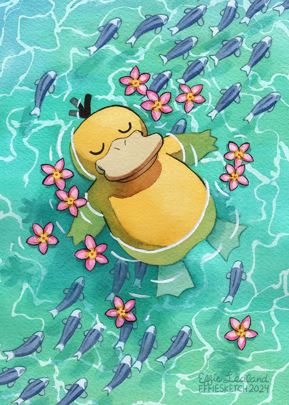 1other 2024 artist_name closed_eyes closed_mouth dated effie_lealand english_commentary english_text fish flower highres lying on_back painting_(medium) partially_submerged pink_flower pokemon pokemon_(creature) psyduck relaxing smile traditional_media water watercolor_(medium)