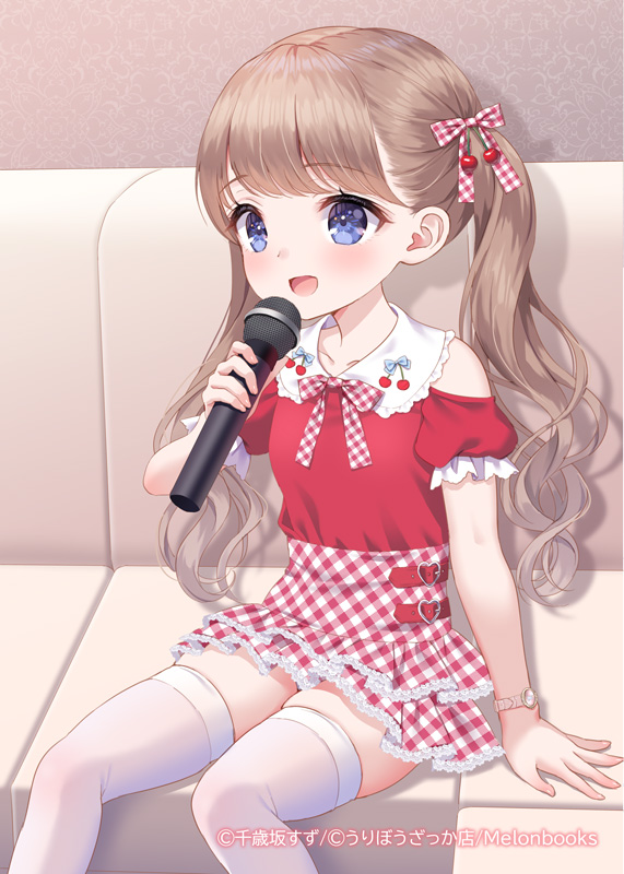 1girl blue_eyes brown_hair chitosezaka_suzu commentary couch hair_bobbles hair_ornament holding holding_microphone long_hair microphone miniskirt music open_mouth original plaid plaid_skirt red_shirt ribbon shirt short_sleeves singing sitting skindentation skirt smile solo symbol-only_commentary thigh-highs thighs twintails watch watch wavy_hair white_thighhighs zettai_ryouiki
