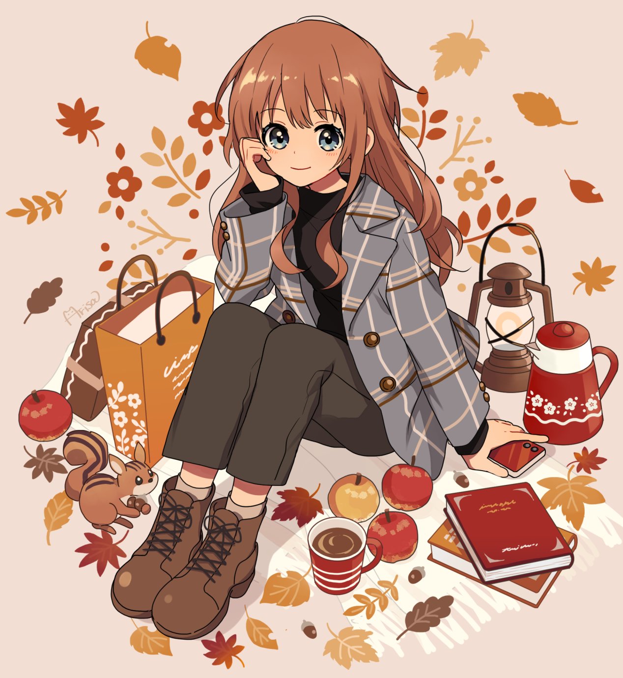 1girl animal ankle_boots apple arisa_(aren) artist_name bag black_eyes black_pants black_sweater blue_eyes blush book boots brown_background brown_footwear brown_hair buttons cellphone closed_mouth coat coffee commentary cross-laced_footwear cup dot_nose double-breasted drink floral_background flower_(symbol) food fruit full_body grey_coat hand_on_own_cheek hand_on_own_face hand_up highres holding holding_phone knees_up lace-up_boots lantern lapels leaf long_hair long_sleeves looking_at_viewer mug open_clothes open_coat original pants paper_bag phone plaid plaid_coat shopping_bag signature sitting smartphone smile solo squirrel sweater teapot