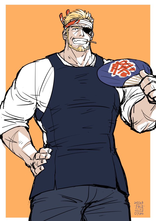 1boy apron artist_name beard blonde_hair eyepatch facial_hair feet_out_of_frame gyee hand_fan hand_on_own_hip headband kokorozashi looking_at_viewer male_focus manly markus_(gyee) mature_male muscular muscular_male orange_background pants scar shirt short_hair signature simple_background smirk solo spiky_hair teeth tight_clothes toothpick yellow_eyes