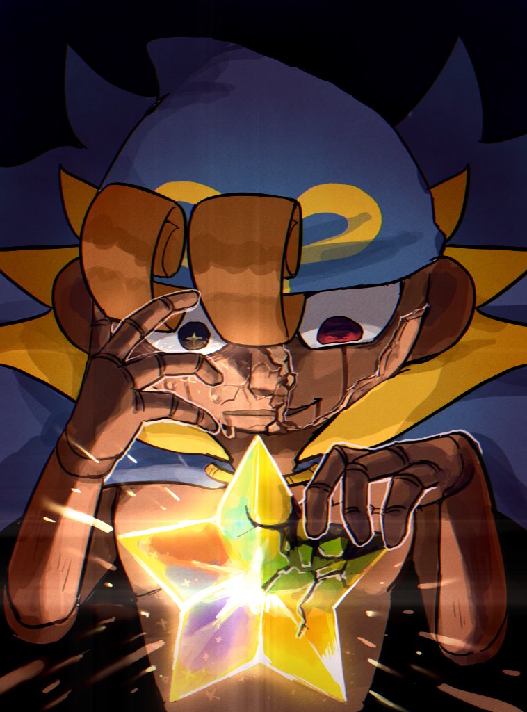 1boy blue_cape blue_headwear breaking cape corruption cracked_skin crying crying_with_eyes_open dark_persona despair doll_joints evil_smile futa_nin geno_(mario) glowing hand_over_eye hat high_collar joints orange_hair pointy_hat puppet red_eyes smile star_(symbol) streaming_tears super_mario_bros. super_mario_rpg tears