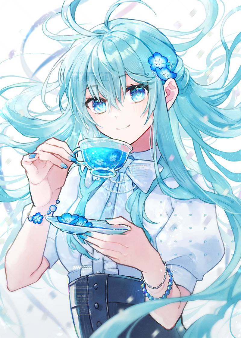 1girl aqua_eyes aqua_hair black_skirt blue_eyes bow bowtie commentary_request commission cup floating_hair flower hair_flower hair_ornament high-waist_skirt holding holding_cup holding_plate long_hair looking_at_viewer multiple_bracelets nail_polish original plate puffy_short_sleeves puffy_sleeves saucer shiromine_kana shirt short_sleeves sidelocks simple_background skeb_commission skirt smile solo tea teacup upper_body white_background white_bow white_bowtie white_shirt