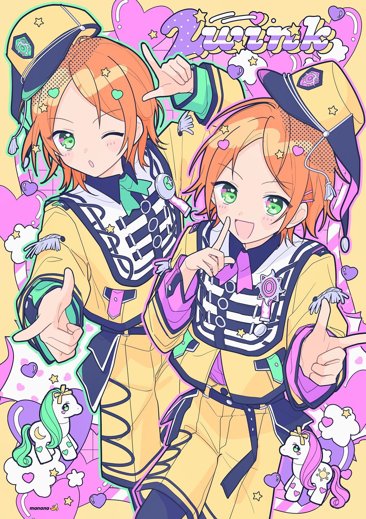 2boys 2wink_(ensemble_stars!) :d :o aoi_hinata aoi_yuta band_uniform belt blush blush_stickers cowboy_shot english_text ensemble_stars! finger_frame finger_to_mouth forehead green_eyes green_neckerchief group_name hair_ornament hairclip headwear_request heart heart-shaped_pupils highres long_sleeves multiple_boys my_little_pony neckerchief one_eye_closed open_mouth orange_hair osaknapocket parted_bangs pink_neckerchief pointing shirt short_hair shorts siblings signature smile symbol-shaped_pupils twins yellow_headwear yellow_shirt