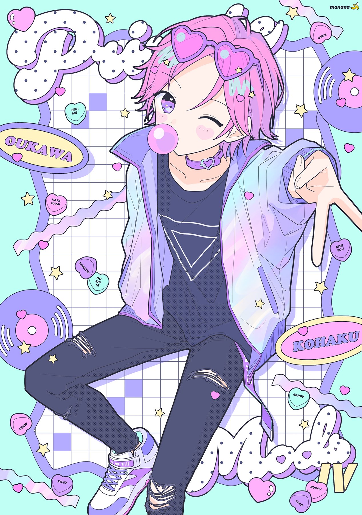 1boy black_pants black_shirt bubble_blowing candy_heart character_name chewing_gum choker english_text ensemble_stars! eyewear_on_head foot_out_of_frame grid hand_in_pocket happypuppy_guu heart heart-shaped_blush_stickers heart-shaped_eyewear highres holographic_clothing invisible_chair jacket layered_clothes long_sleeves multicolored_clothes multicolored_jacket one_eye_closed open_clothes open_jacket oukawa_kohaku pants pink_hair print_shirt record shirt shoes signature sitting sneakers solo squiggle star_(symbol) sunglasses torn_clothes torn_pants v violet_eyes