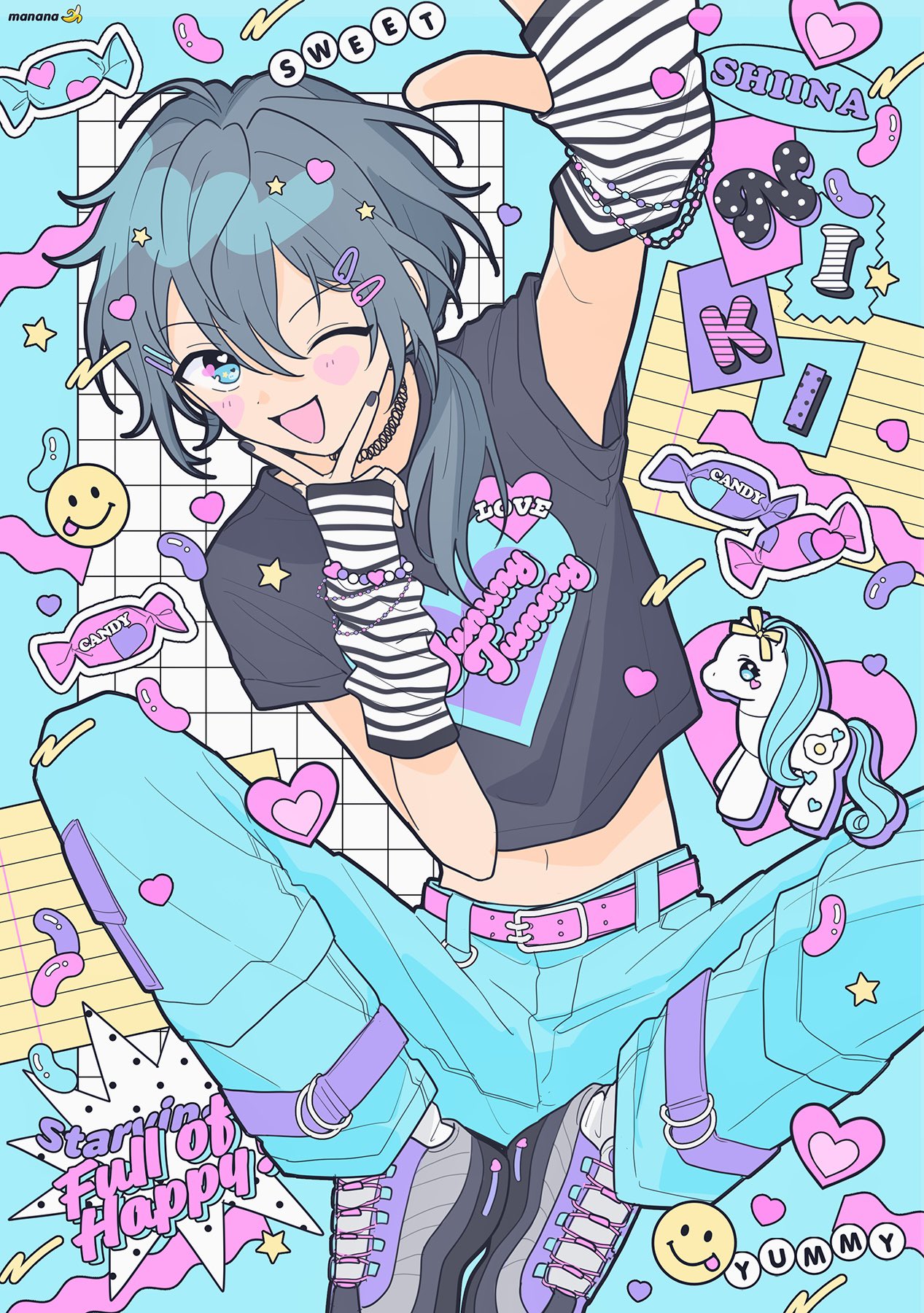 1boy :3 ahoge arm_up belt black_nails black_shirt blue_background blue_eyes blue_pants bracelet candy choker emoji english_text ensemble_stars! facing_viewer fingerless_gloves food full_body gloves grey_hair hair_between_eyes hair_ornament hair_over_shoulder hairclip happypuppy_guu heart heart-shaped_blush_stickers highres inward_v jelly_bean jewelry knees_apart_feet_together long_hair midriff midriff_peek nail_polish navel one_eye_closed open_mouth pants pink_belt ponytail print_shirt shiina_niki shirt shoes short_sleeves sitting sneakers socks solo squiggle star_(symbol) sticker striped_clothes striped_gloves v white_socks wrapped_candy