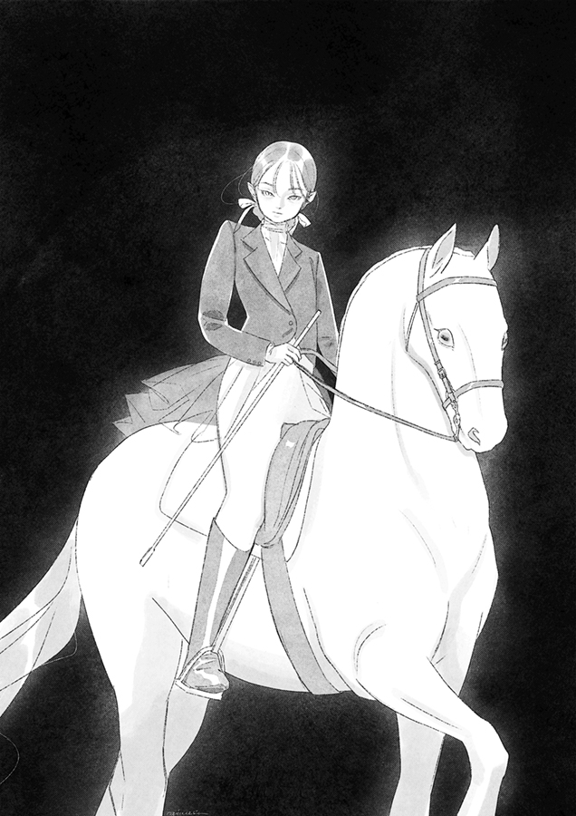 1girl bridle closed_mouth commentary english_commentary greyscale hair_ribbon heterochromia holding holding_reins holding_riding_crop horizontal_pupils horseback_riding jacket light_smile long_hair long_sleeves looking_at_viewer monochrome original pants pointy_ears reins renemesia ribbon riding saddle see-through signature updo