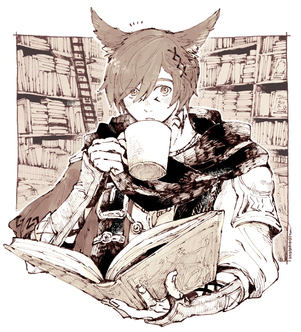 1boy animal_ears black_scarf book bookshelf border brown_eyes brown_hair cat_ears commentary cropped_torso cup dated elbow_gloves eyes_visible_through_hair facial_mark final_fantasy final_fantasy_xiv fingerless_gloves g'raha_tia gloves hair_ornament hand_up hatching_(texture) holding holding_book holding_cup indoors itowff14 jacket jewelry ladder looking_at_viewer male_focus miqo'te monochrome mug neck_tattoo notice_lines outside_border pendant scarf sepia shirt short_hair slit_pupils solo swept_bangs tattoo upper_body white_border white_shirt x_hair_ornament