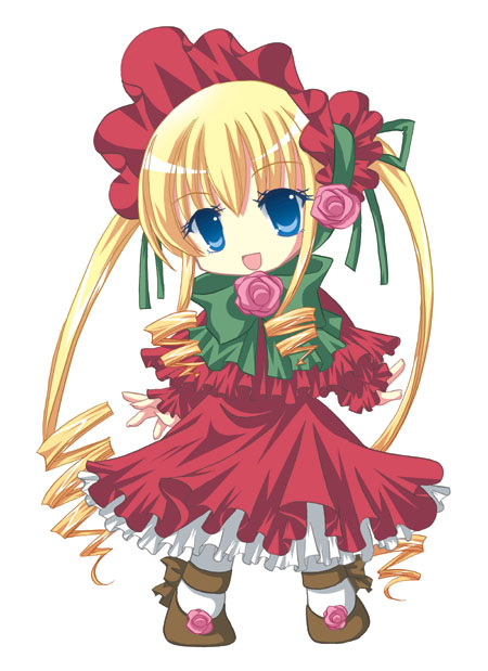 1girl :d blonde_hair blue_eyes bonnet bow bowtie brown_footwear capelet chibi commentary_request dress drill_hair drill_sidelocks flower flower_brooch footwear_flower frilled_capelet frilled_dress frilled_sleeves frills full_body green_bow green_bowtie lolita_fashion long_hair long_sleeves looking_at_viewer medium_bangs morinaga_hinase open_mouth pantyhose pink_flower pink_rose red_capelet red_dress red_headwear rose rozen_maiden shinku shoes sidelocks simple_background smile solo standing twintails very_long_hair white_background white_pantyhose