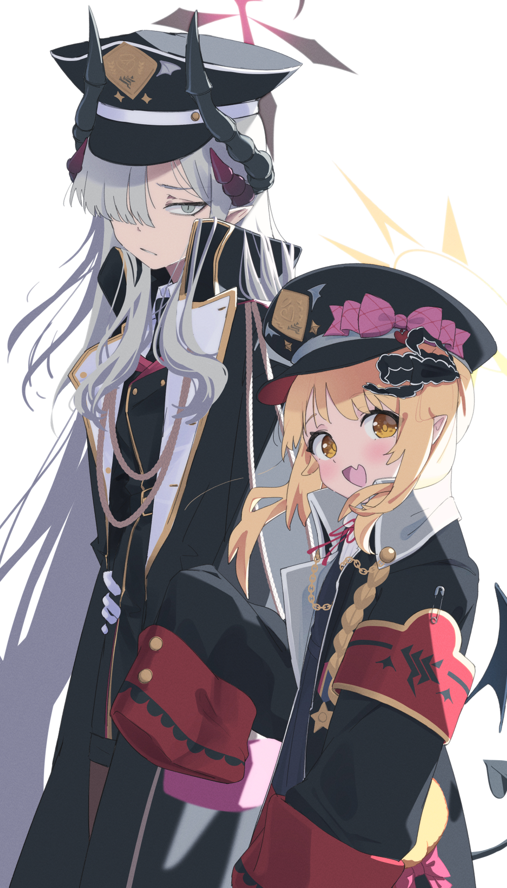 2girls black_coat black_headwear blonde_hair blue_archive blush coat demon_girl demon_horns demon_tail fang grey_eyes grey_hair hair_over_one_eye halo hat highres horns ibuki_(blue_archive) long_bangs long_hair long_sleeves looking_at_viewer makoto_(blue_archive) military_hat military_uniform multiple_girls namaonpa open_mouth oversized_clothes parted_lips peaked_cap pointy_ears red_halo simple_background skin_fang sleeves_past_fingers sleeves_past_wrists tail uniform very_long_hair white_background yellow_eyes yellow_halo