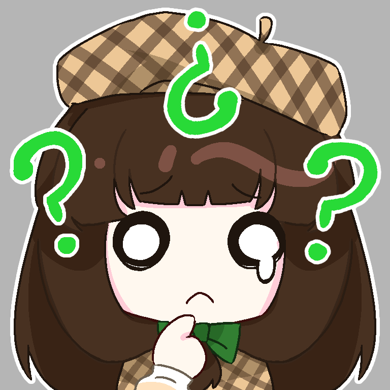 1girl ? bow brown_hair chibi chinese_commentary commentary_request finger_to_own_chin front_ponytail frown green_bow grey_background hair_bow long_hair long_sleeves nijiue_iroha no_nose o_o outline priswocaer simple_background solo super_danganronpa_another_2 teardrop white_outline