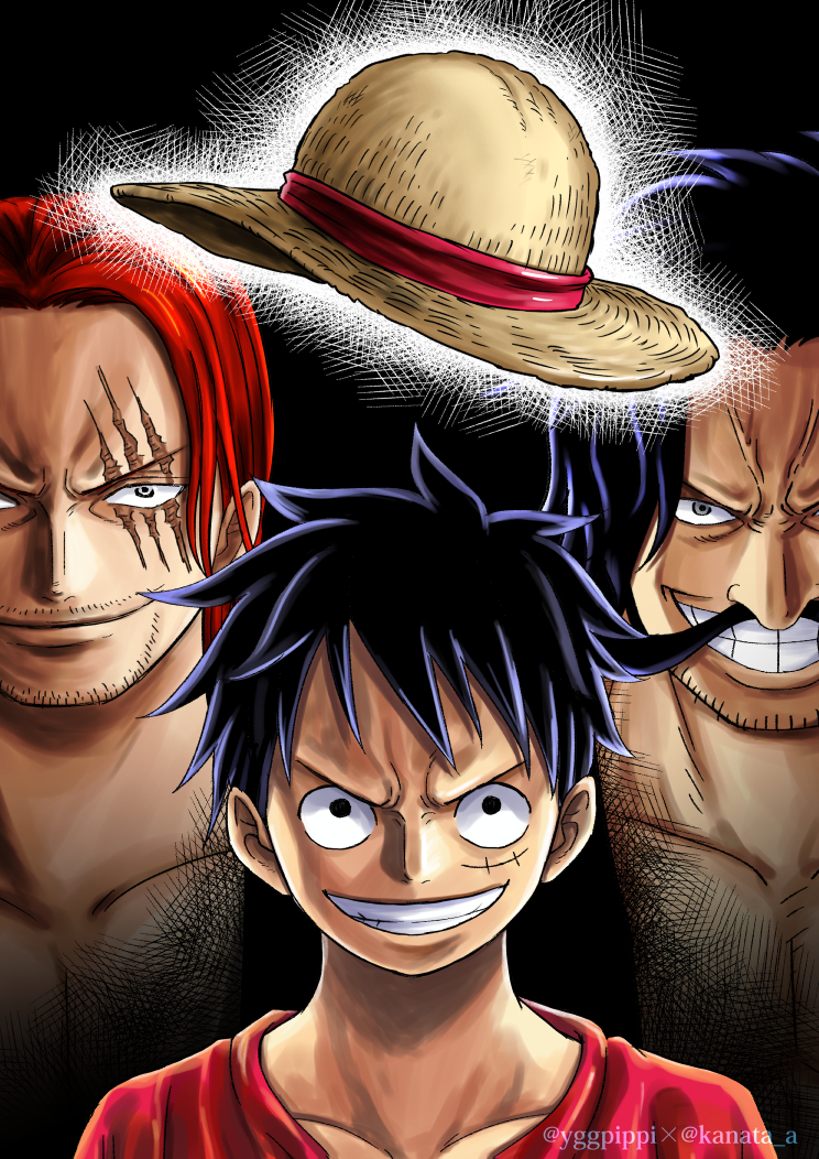 3boys artist_name black_eyes black_hair clenched_teeth closed_mouth collarbone commentary_request facial_hair gol_d._roger hat kanata_a looking_at_viewer male_focus monkey_d._luffy multiple_boys mustache one_piece redhead scar scar_across_eye scar_on_face shanks_(one_piece) short_hair smile straw_hat teeth unworn_hat unworn_headwear