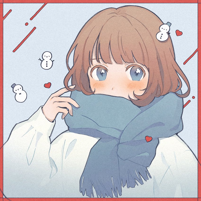 1girl black_outline blue_background blue_eyes blue_scarf blunt_bangs blush border brown_hair colored_eyelashes commentary_request covered_mouth fingernails hair_ornament hand_up heart long_sleeves looking_at_viewer nahara_saki original outline puffy_long_sleeves puffy_sleeves red_border scarf short_hair sleeves_past_wrists snowman_hair_ornament solo sweater upper_body white_sweater